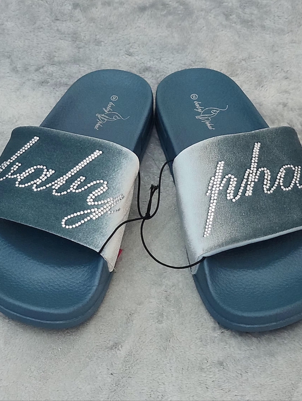 Baby Phat Rhinestone Script Logo Slide Sandals, Size: 8 Color: Teal - Picture 2 of 7